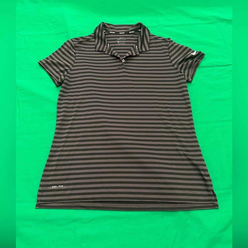 Nike Golf women’s black/grey striped shortsleeved polo-large
